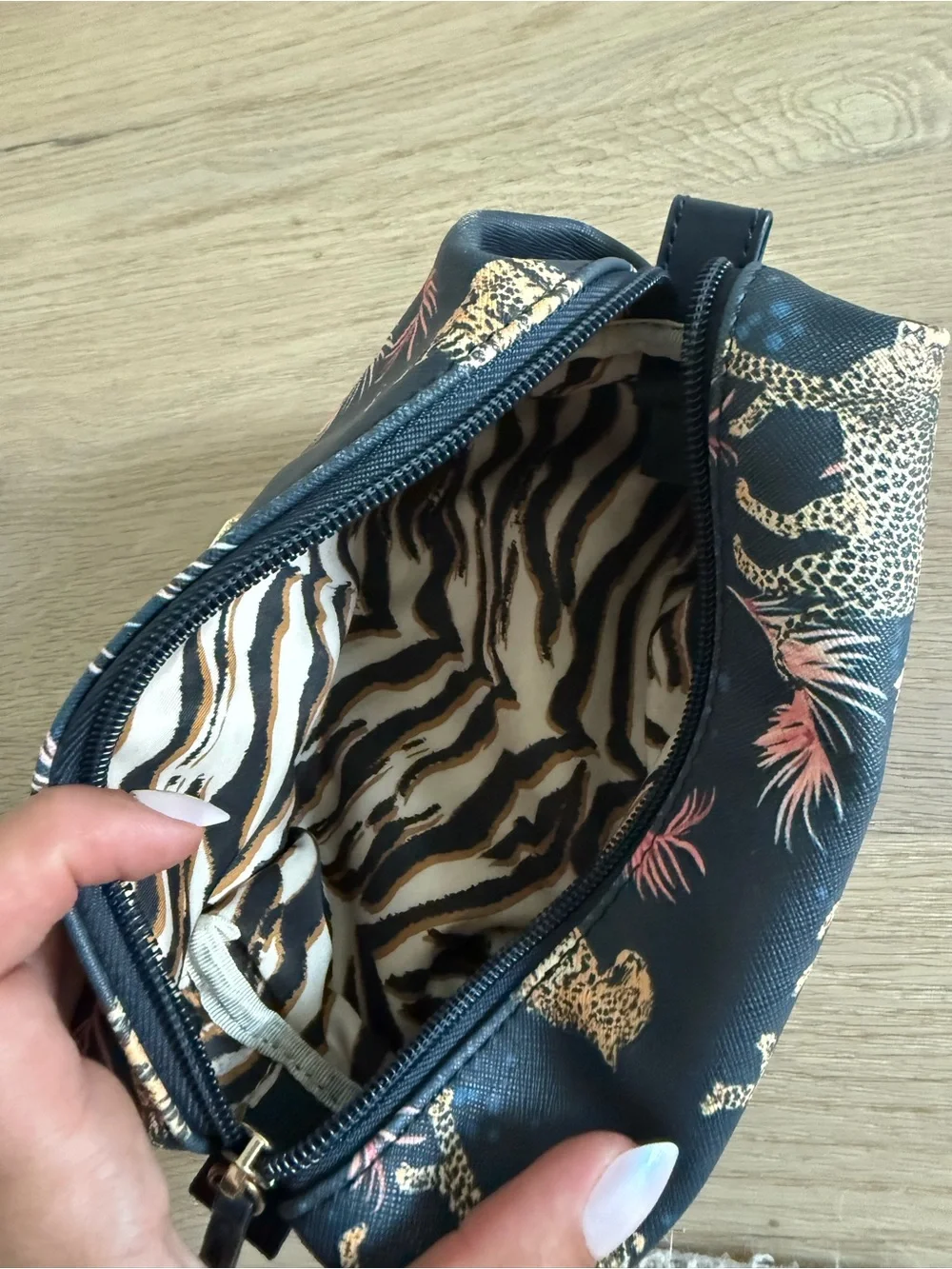 Leopard Print Cosmetic Pouch in Navy with Pink Accents
